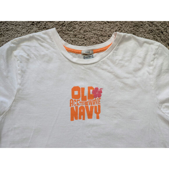 Y2K Old Navy Baby Tee Womens XXL White Orange Hibiscus Surf AceTheWave Skate - Picture 4 of 5